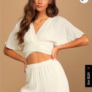 Lulu's Cream V-Neck Blouse and pants: (2 piece )